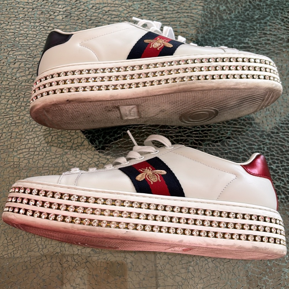 GUCCI Leather and Bee Detail with Ace Crystal Embellished Platform Sneakers - Picture 3 of 14